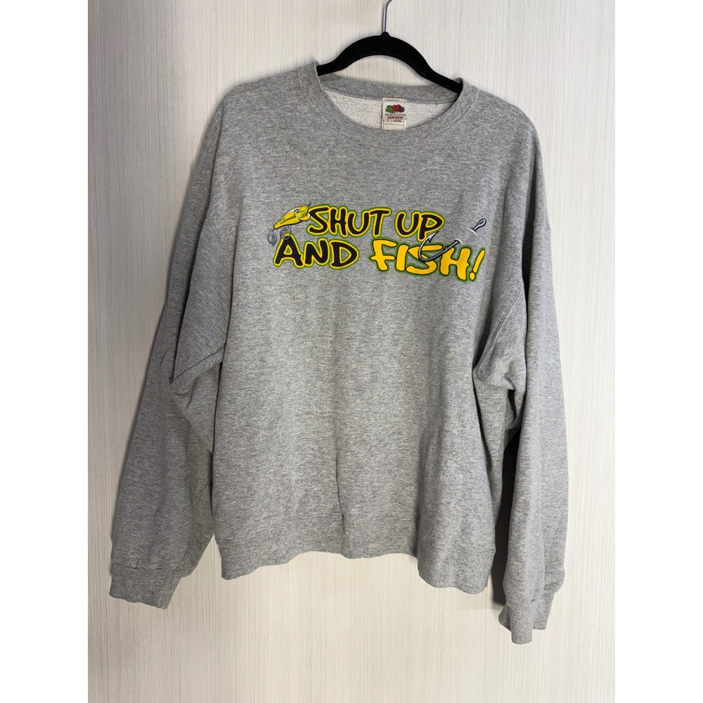 Fruit of the Loom Mens Shut Up and Fish Graphic Sweatshirt Gray L Heavy Cotton